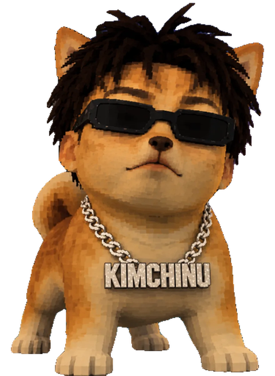 Kimchi Inu, a shiba pup in black sunglasses wearing an iced chain with a KIMCHINU pendant