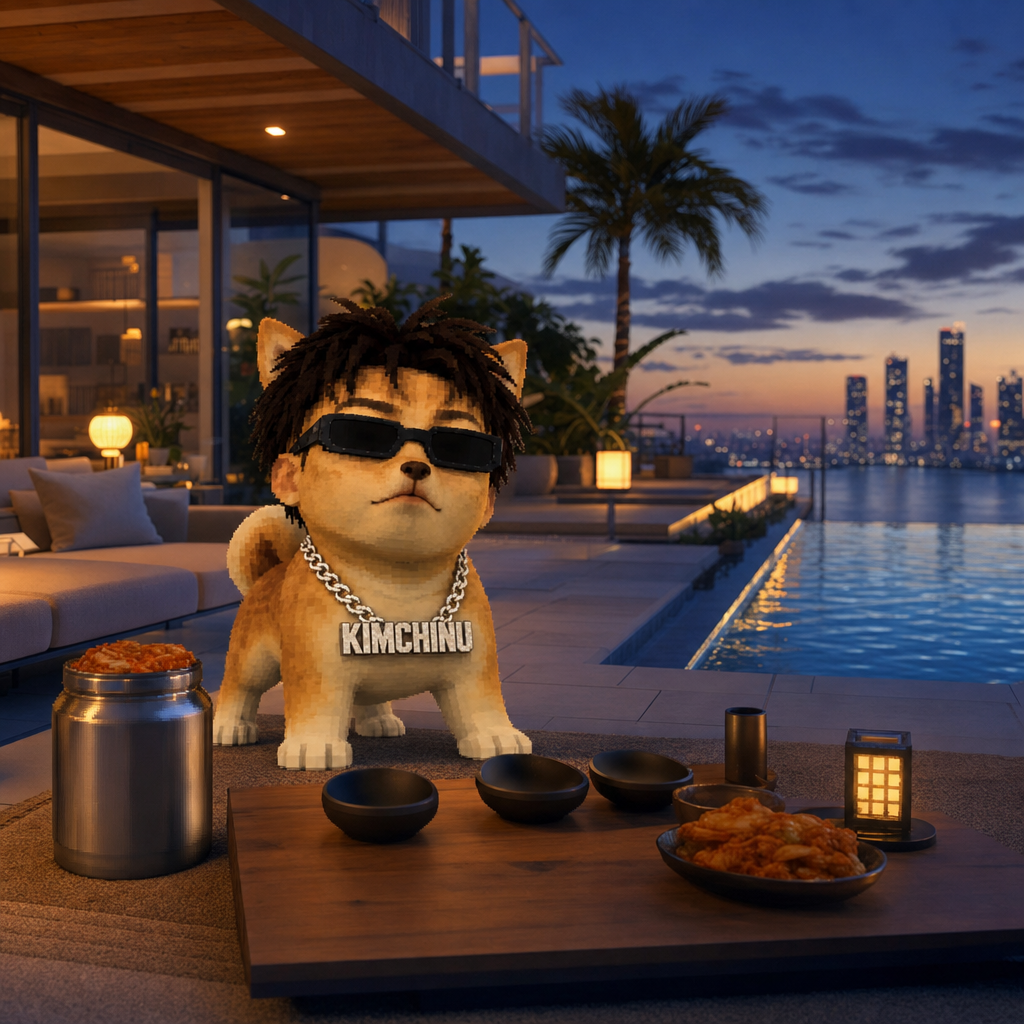 Kimchi Inu on a night terrace beside a kimchi jar, bowls and an infinity pool overlooking the city